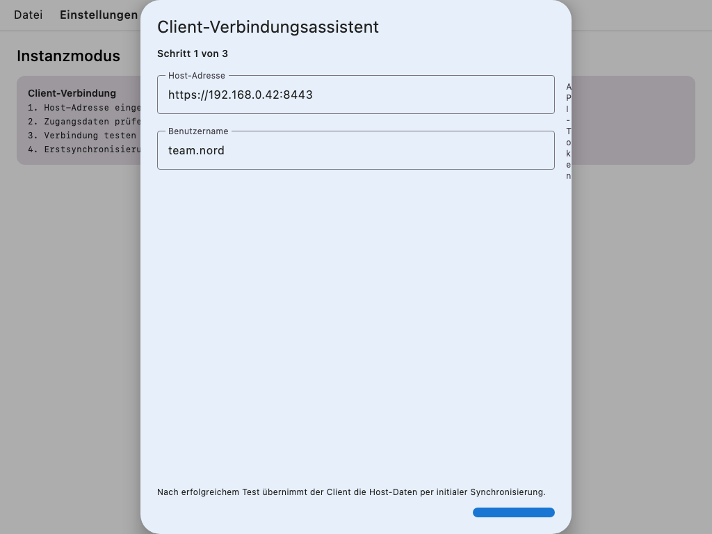 Client-Verbindungsassistent mit Host-Adresse und API-Token