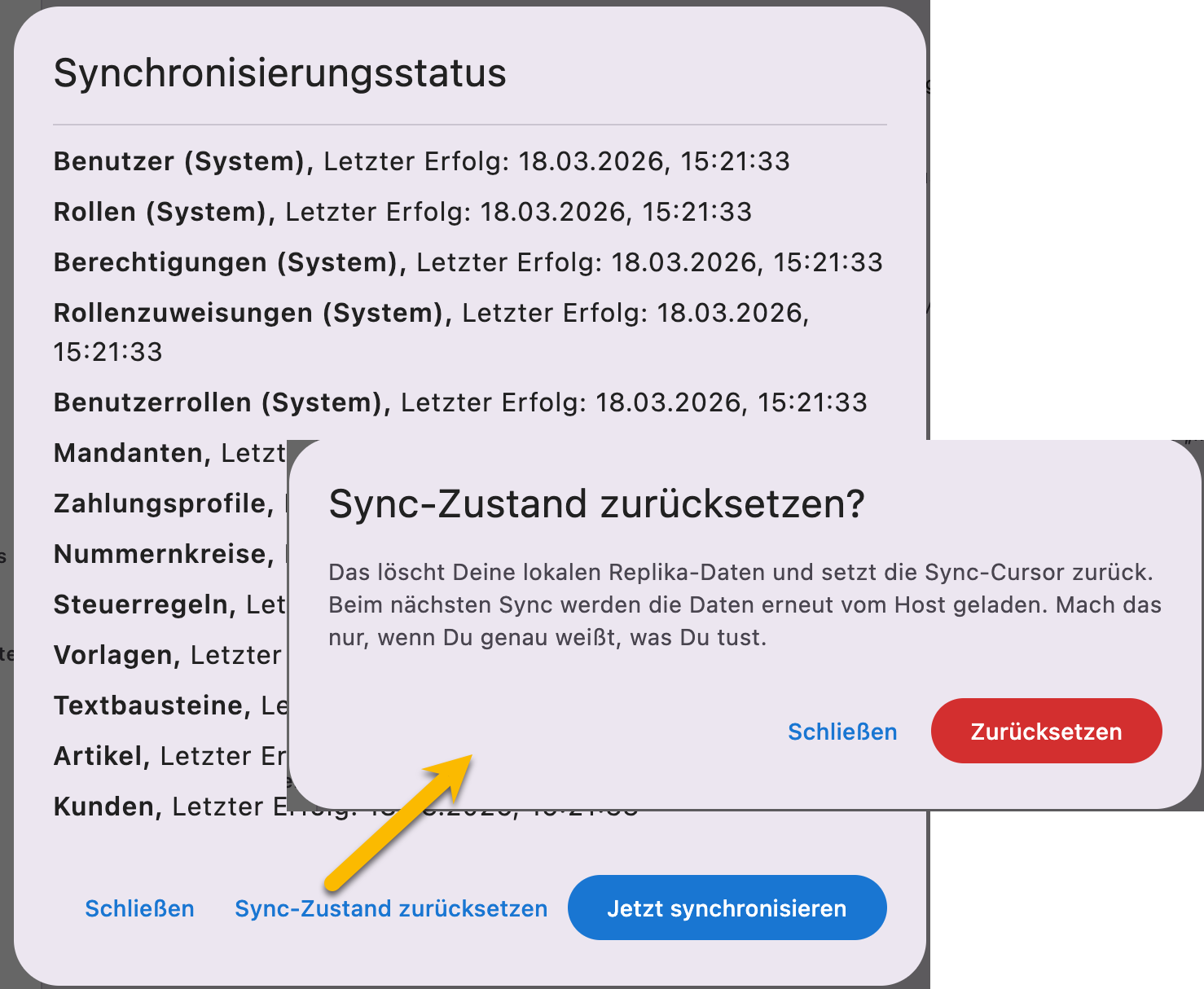 Sync-Reset-Dialog zum vollständigen Neuaufbau der Client-Replika